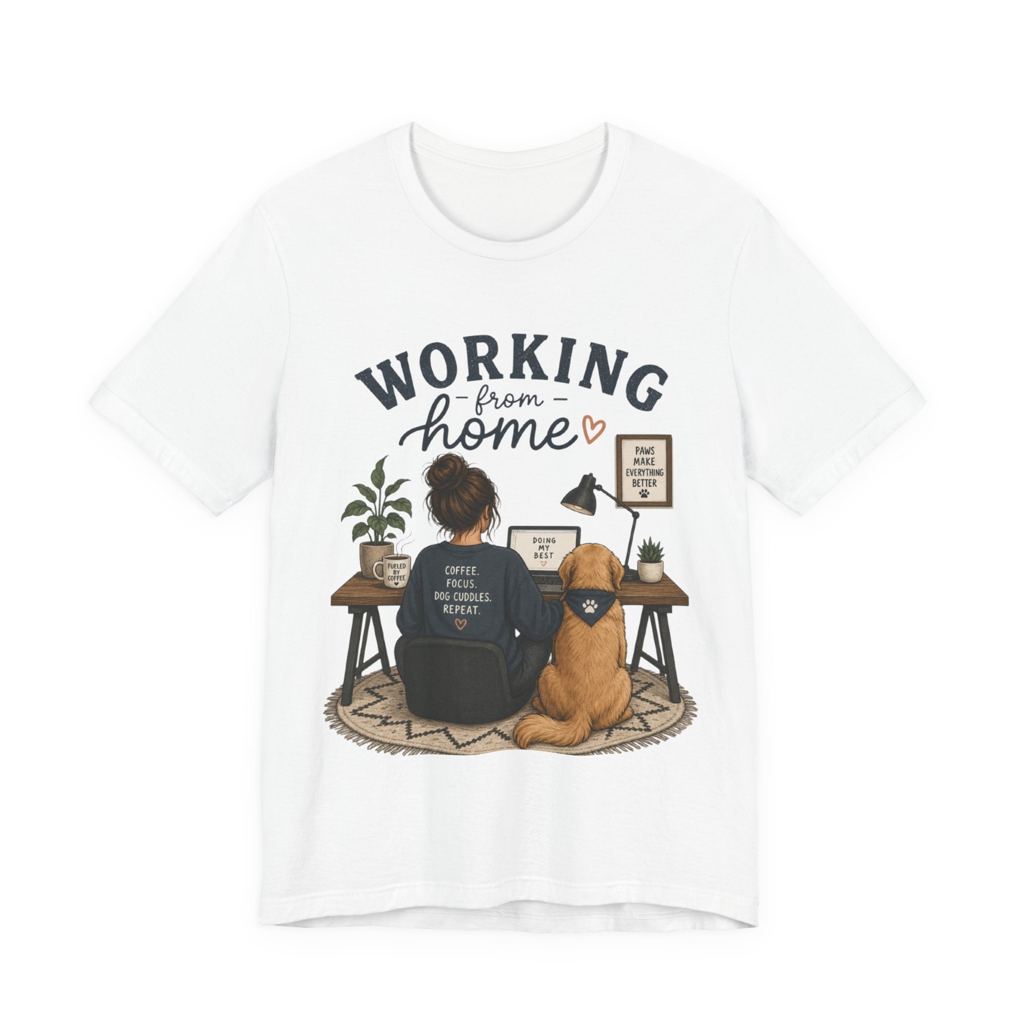 Working From Home Tee — Cozy WFH Shirt with Dog Desk Illustration