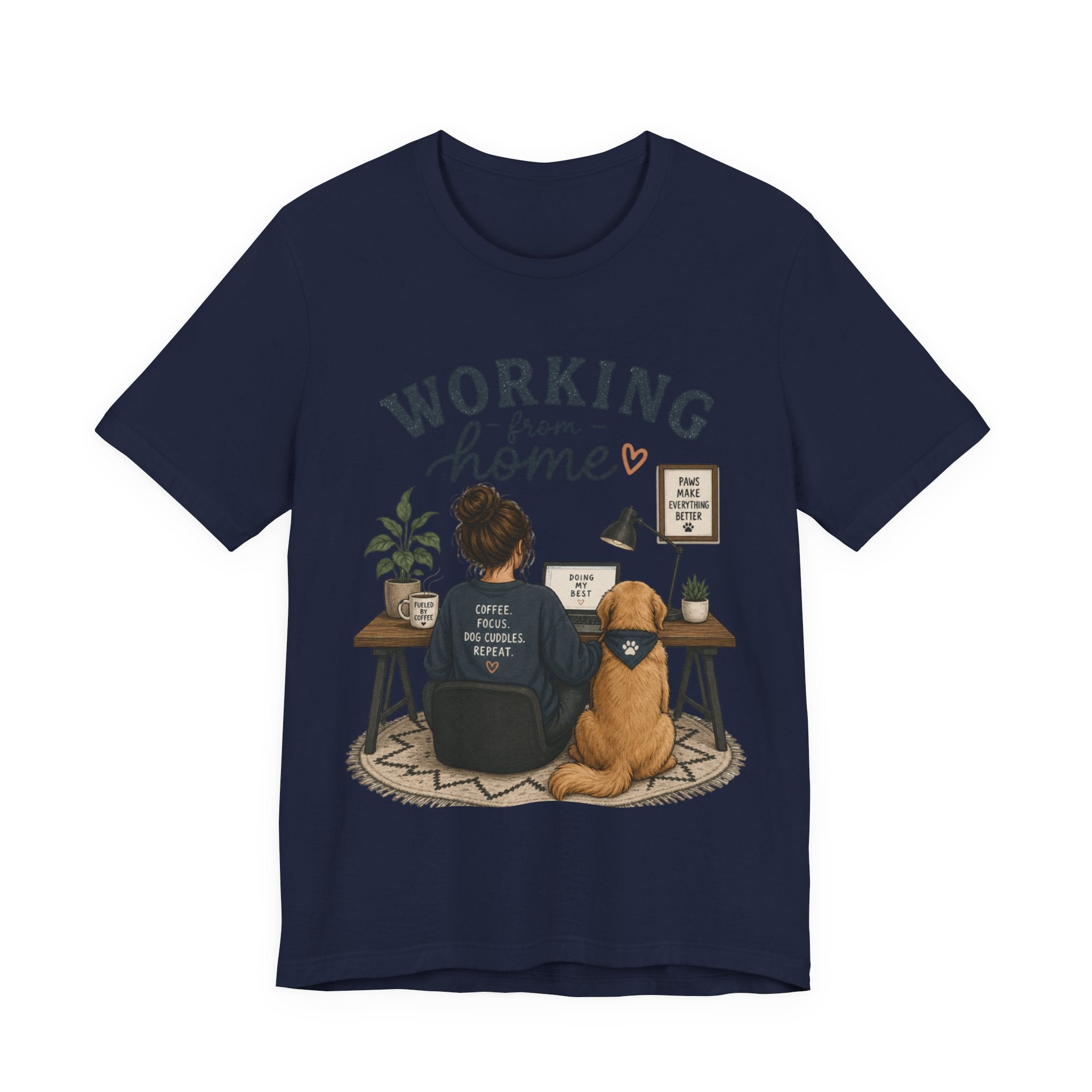 Working From Home Tee — Cozy WFH Shirt with Dog Desk Illustration