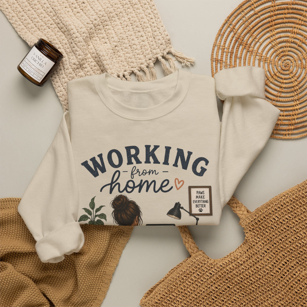 Working From Home Crewneck Sweatshirt — Cozy WFH Dog & Desk Design