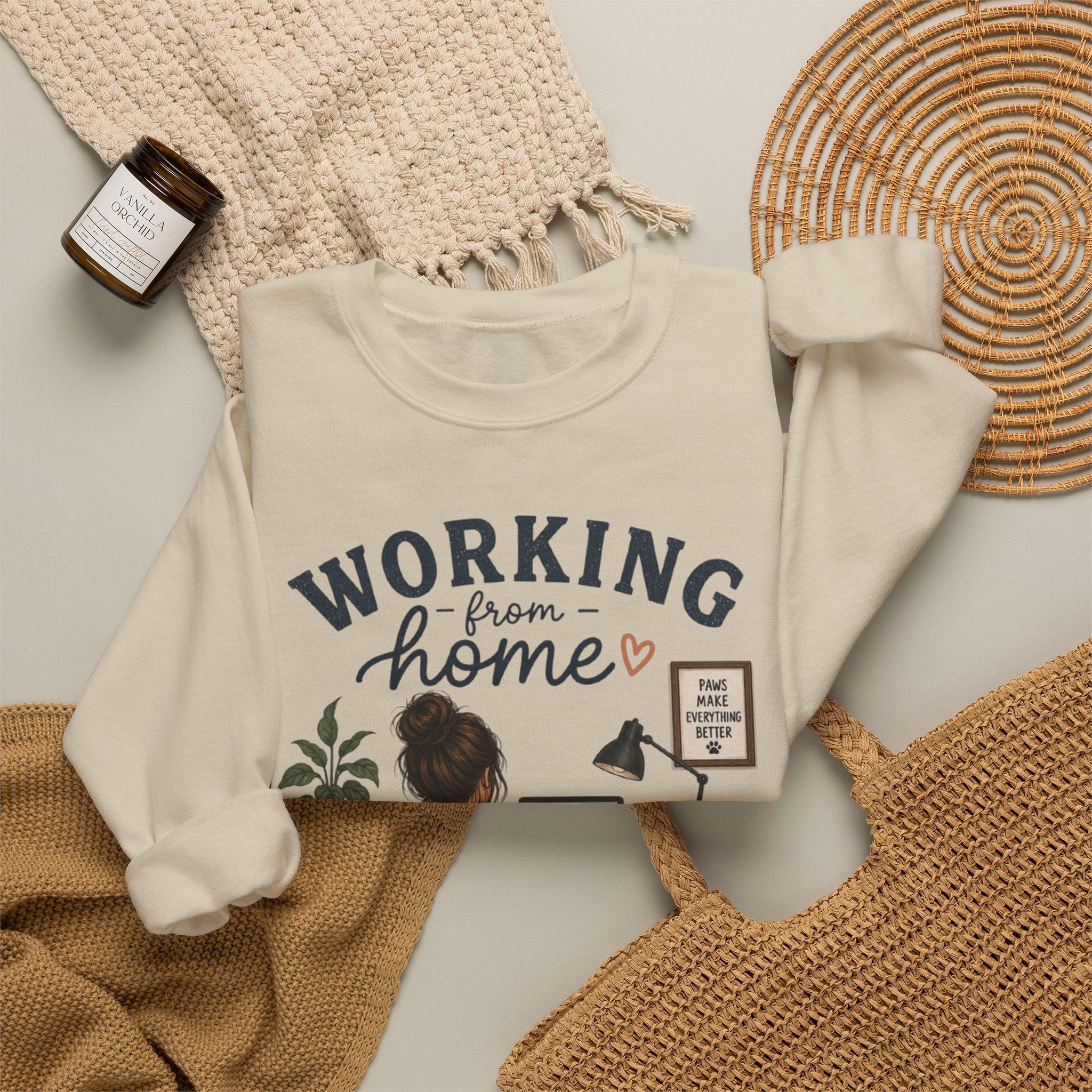 Working From Home Crewneck Sweatshirt — Cozy WFH Dog & Desk Design