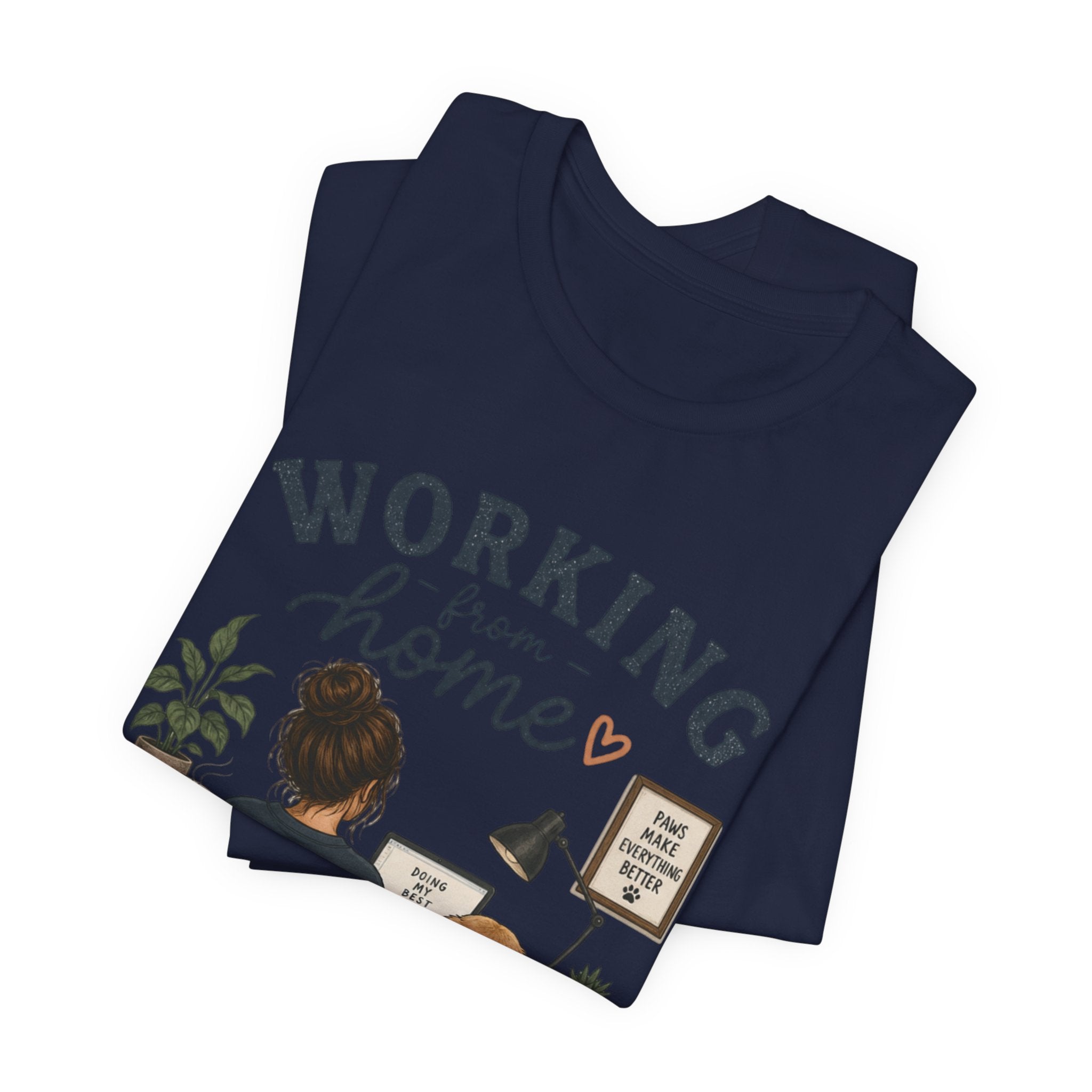 Working From Home Tee — Cozy WFH Shirt with Dog Desk Illustration