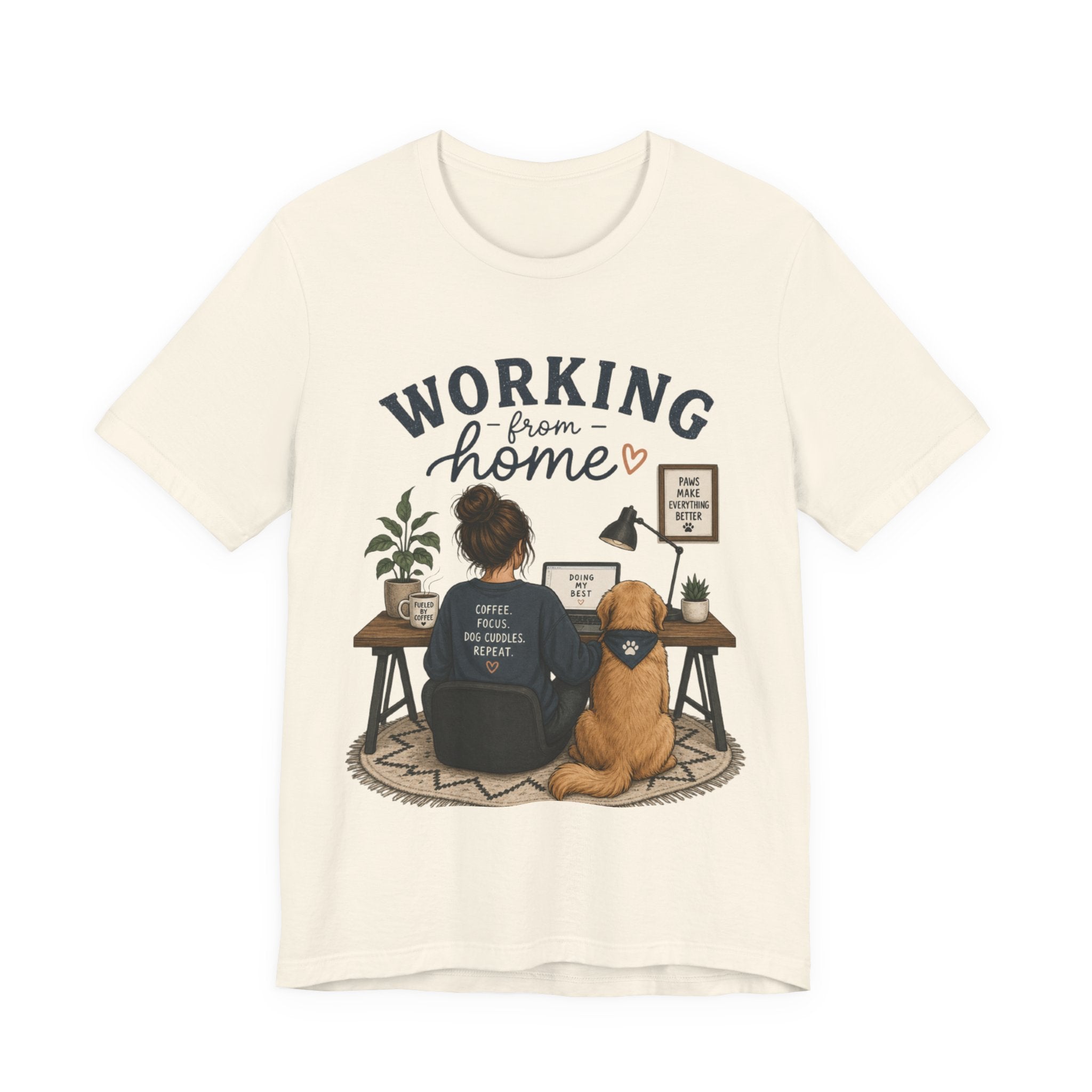Working From Home Tee — Cozy WFH Shirt with Dog Desk Illustration