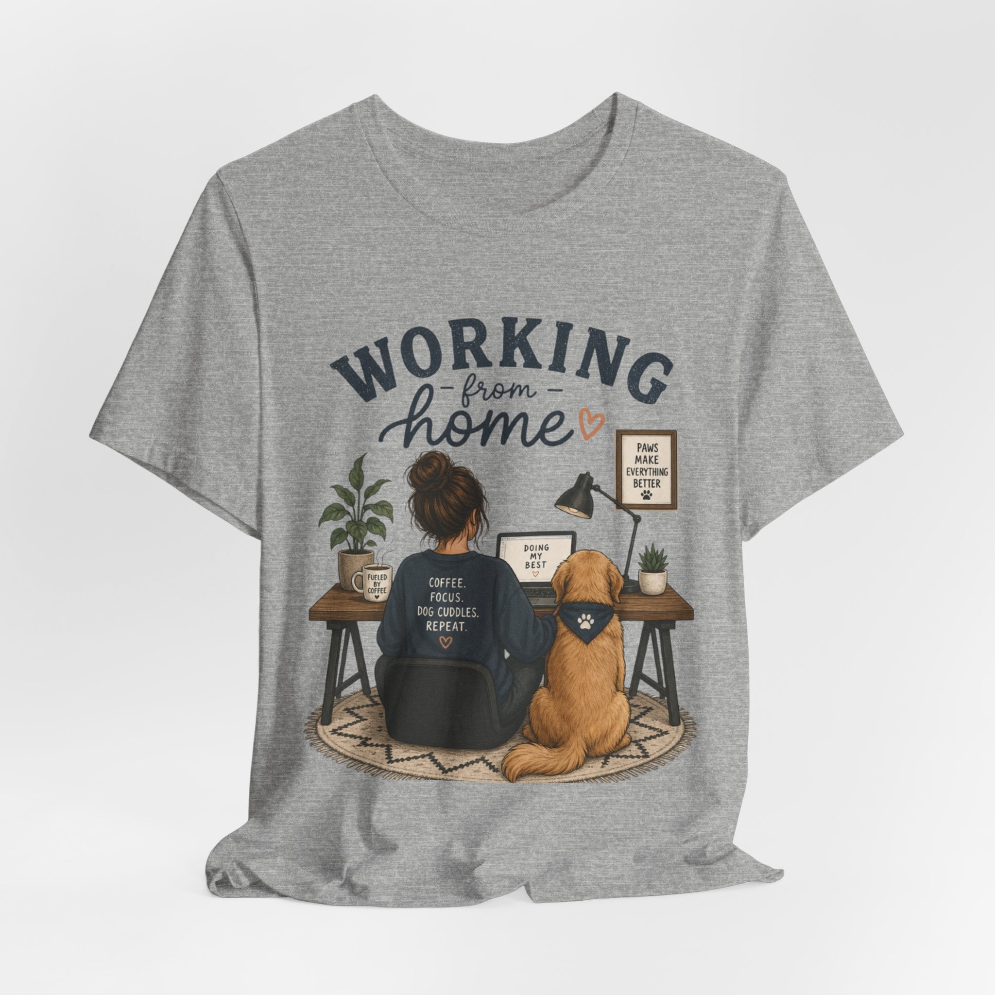 Working From Home Tee — Cozy WFH Shirt with Dog Desk Illustration