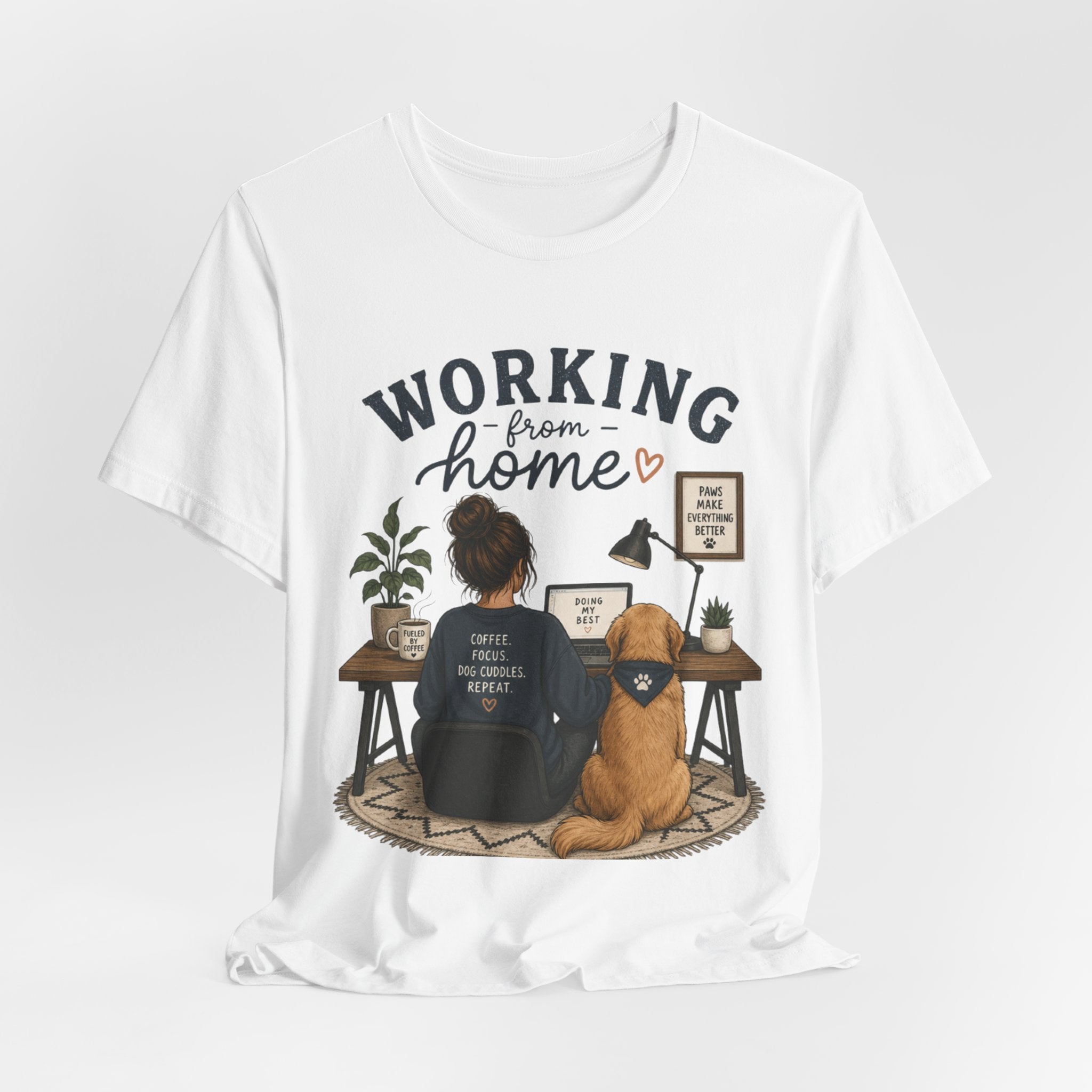 Working From Home Tee — Cozy WFH Shirt with Dog Desk Illustration