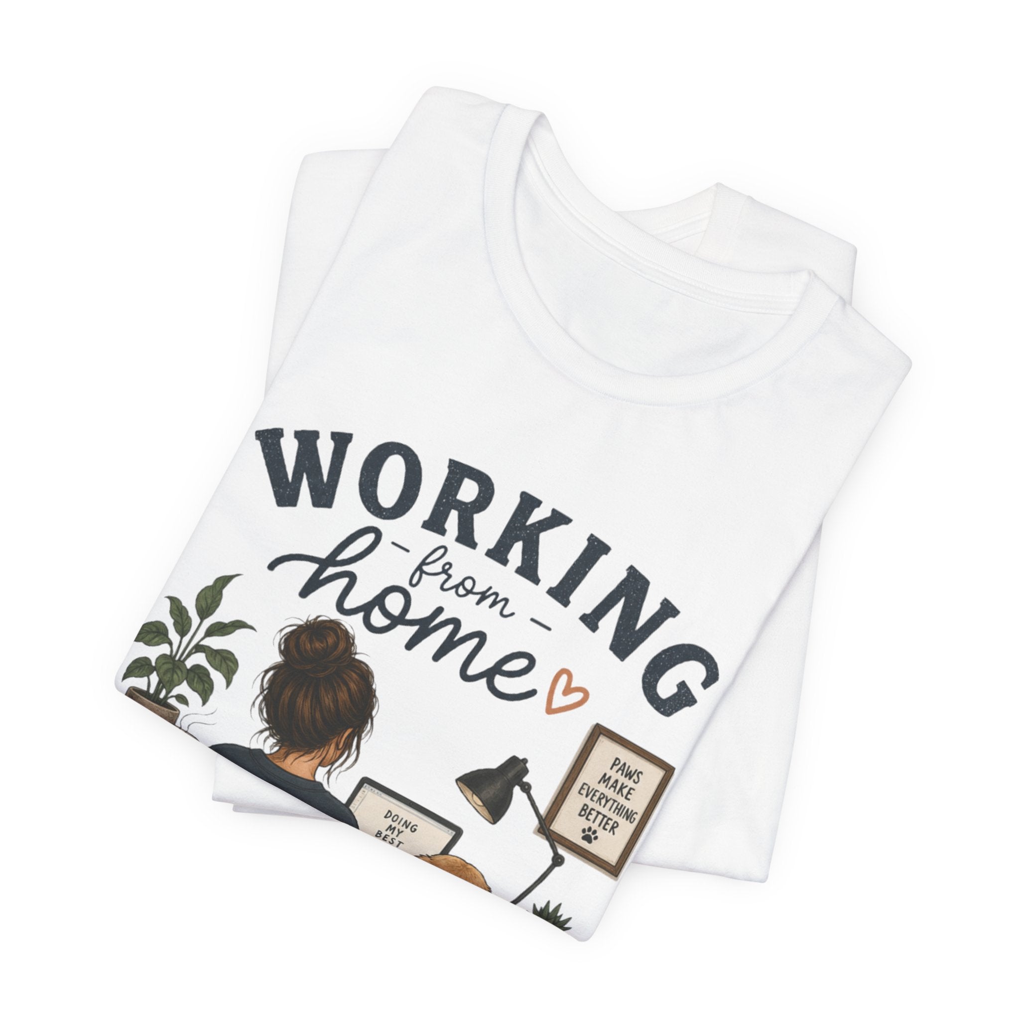 Working From Home Tee — Cozy WFH Shirt with Dog Desk Illustration