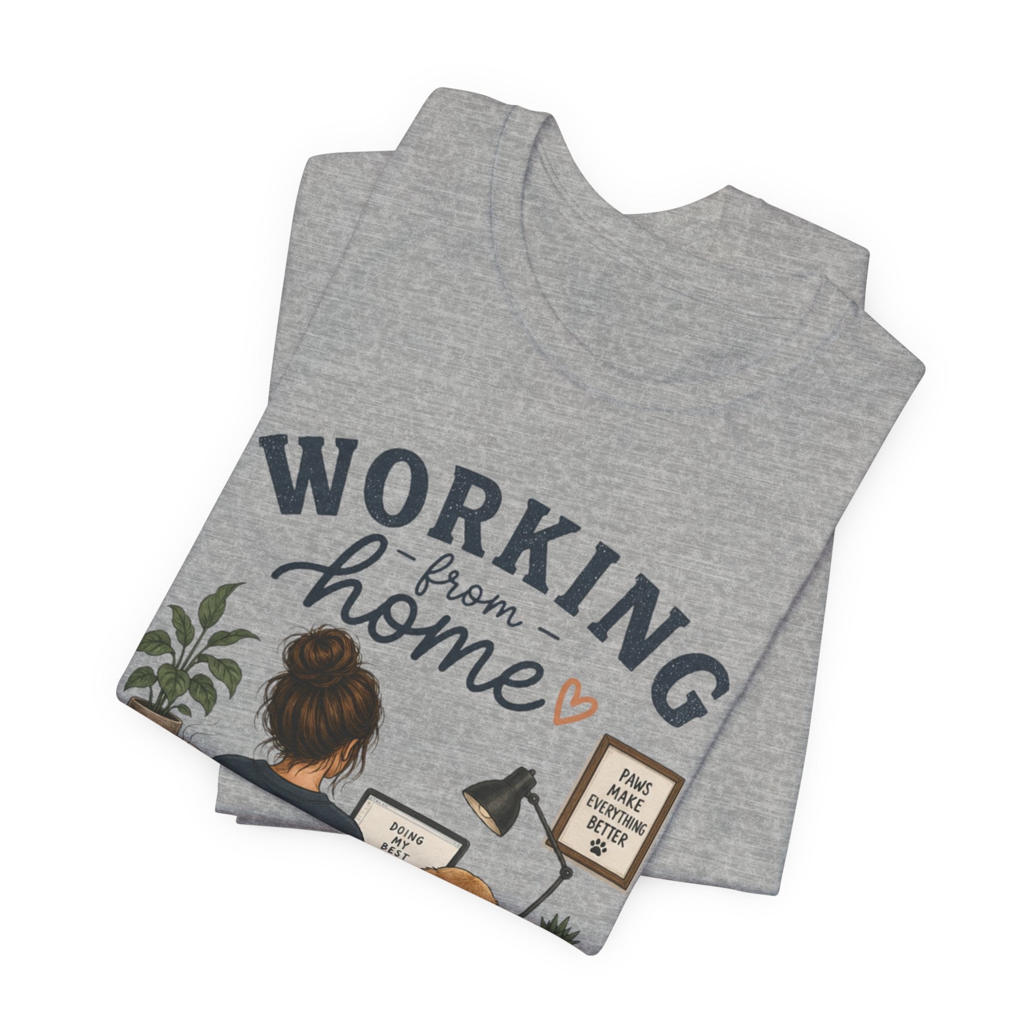 Working From Home Tee — Cozy WFH Shirt with Dog Desk Illustration