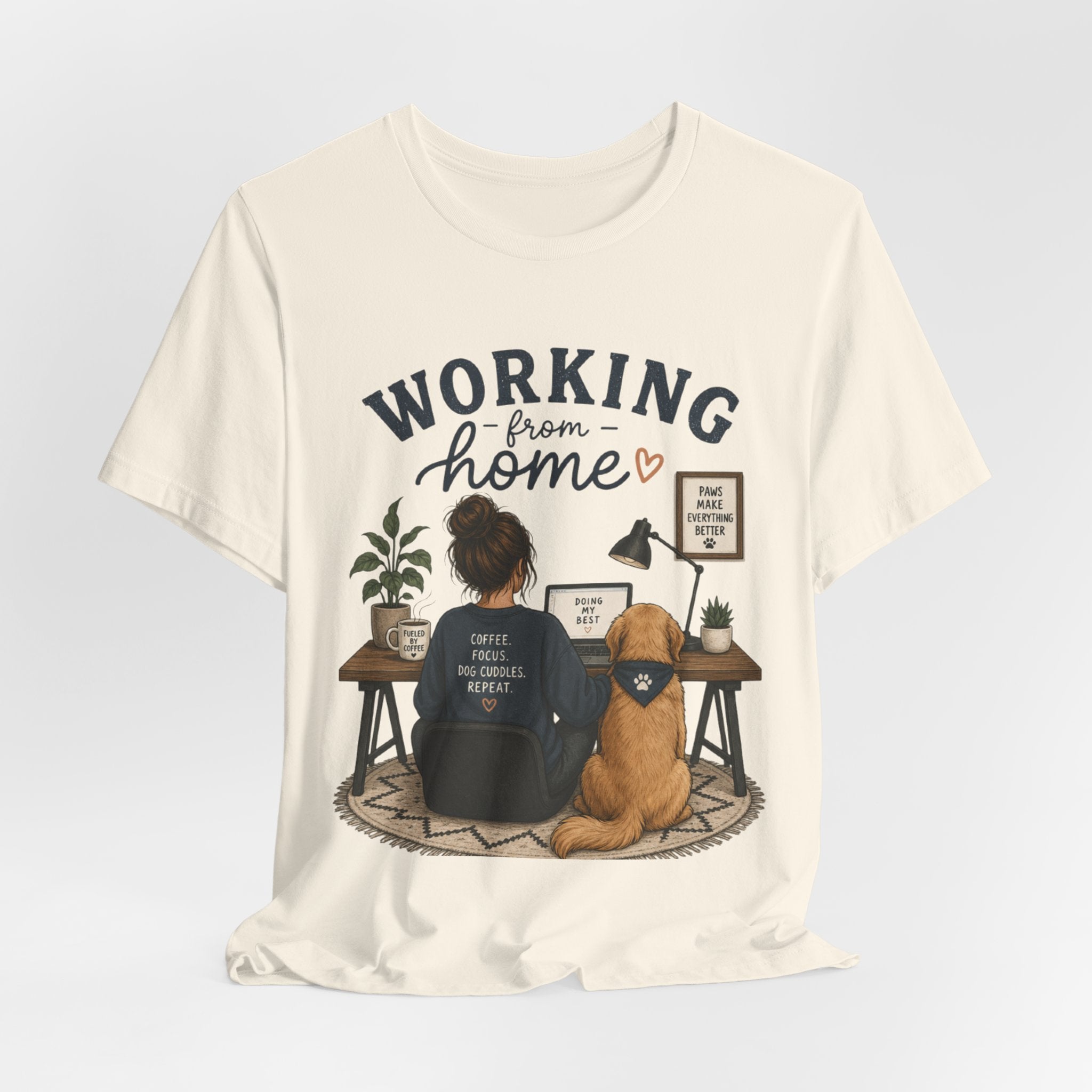 Working From Home Tee — Cozy WFH Shirt with Dog Desk Illustration