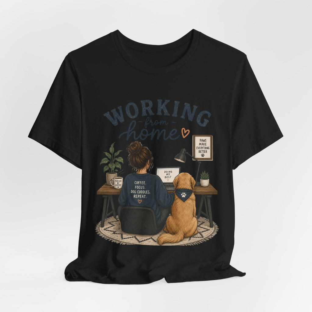 Working From Home Tee — Cozy WFH Shirt with Dog Desk Illustration